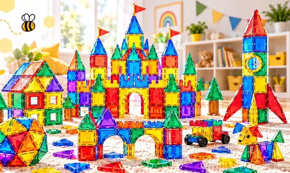 Colorful castles, houses and a rocket built from magnetic tiles in a playroom