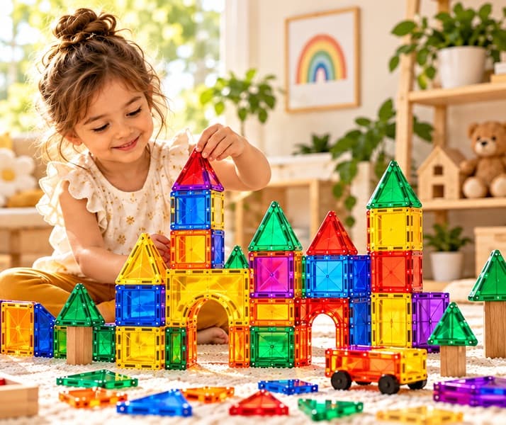 A child independently building colorful magnetic tile buildings in a bright playroom